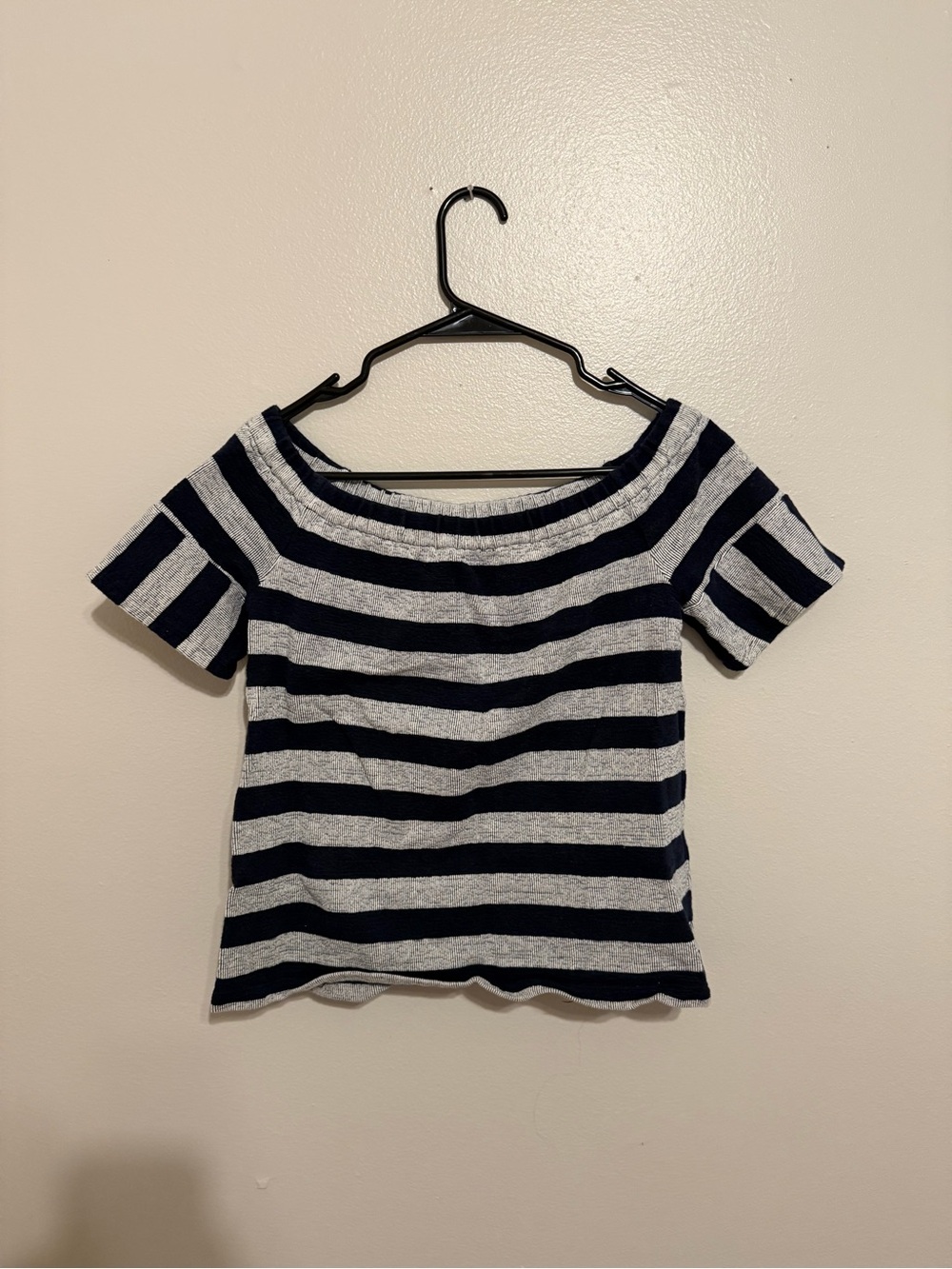 Madewell Navy and Gray Striped Off-Shoulder Crop Top